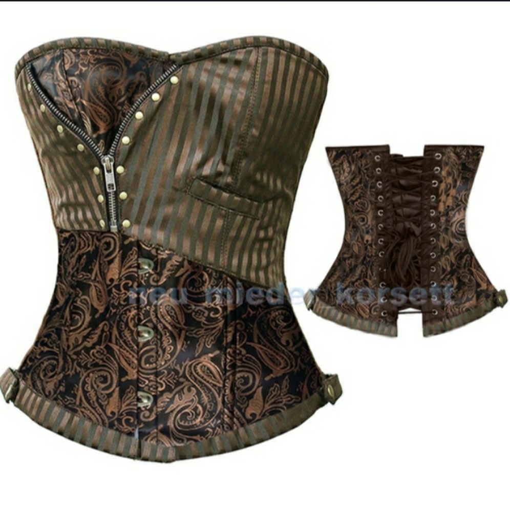 Steampunk Retro Brocade Victorian striped Corset Golden Brown - Picture 4 of 16